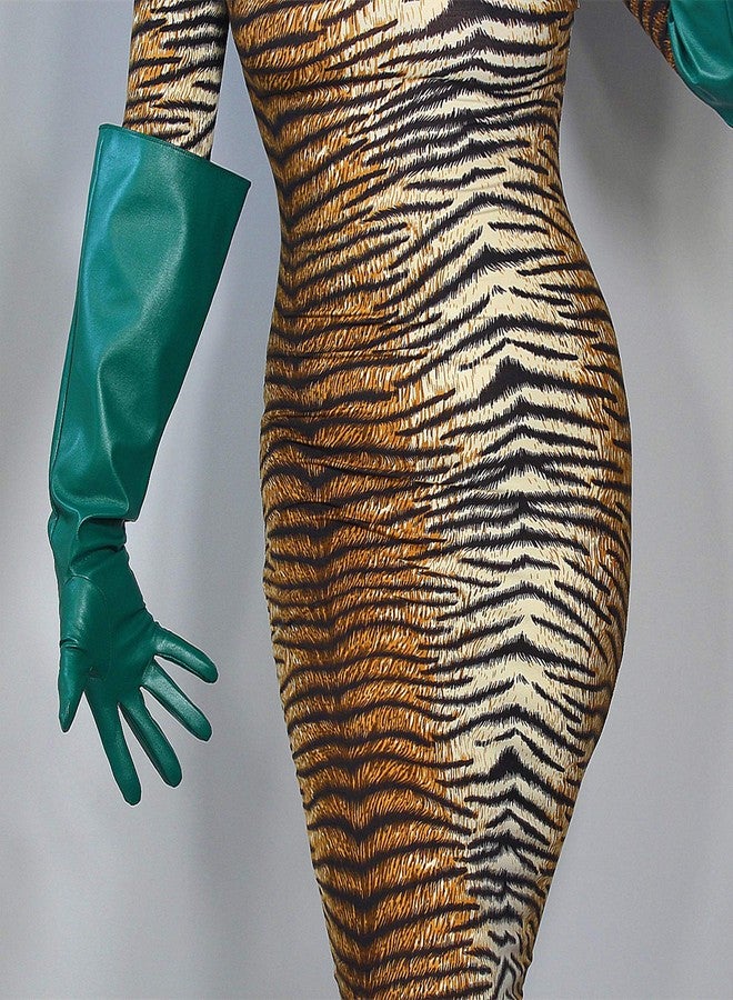 DooWay Women Long Leather Gloves Faux Lambskin PU 20-inches Kelly Green Wide Sleeves Elbow-Length Gauntlet Gloves - Image 2